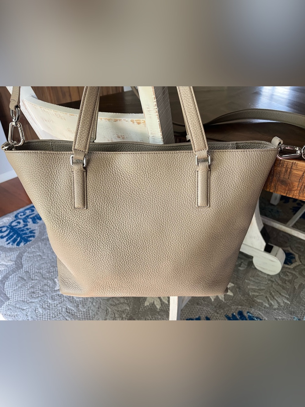 Tory Burch Thea Tote Pebble Leather Hobo Bag Taupe French Grey Tan Large - Picture 5 of 16